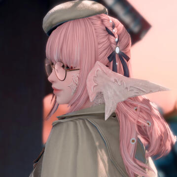 suzuran smiling over her shoulder. only her profile is visible. she's outside of her house, and the sun is setting.