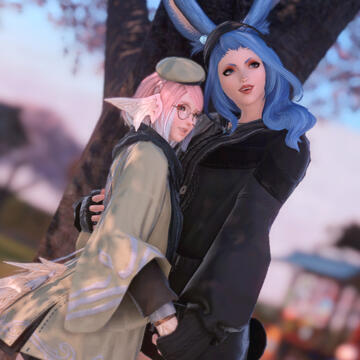 suzuran in casual clothes with her best friend, akua. they are hugging and smiling.