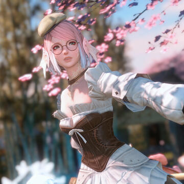 suzuran in her adventuring gear. behind her are cherry blossoms and bamboo.