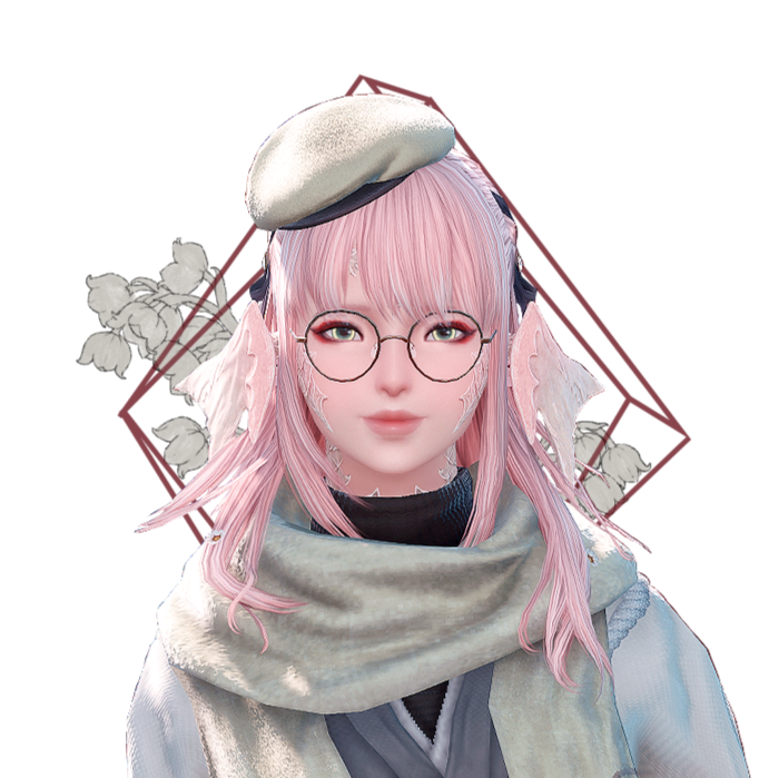 suzuran smiling shyly with one hand tugging on her scarf. red triangles and a sketch of lilies of the valley accent the background behind her.